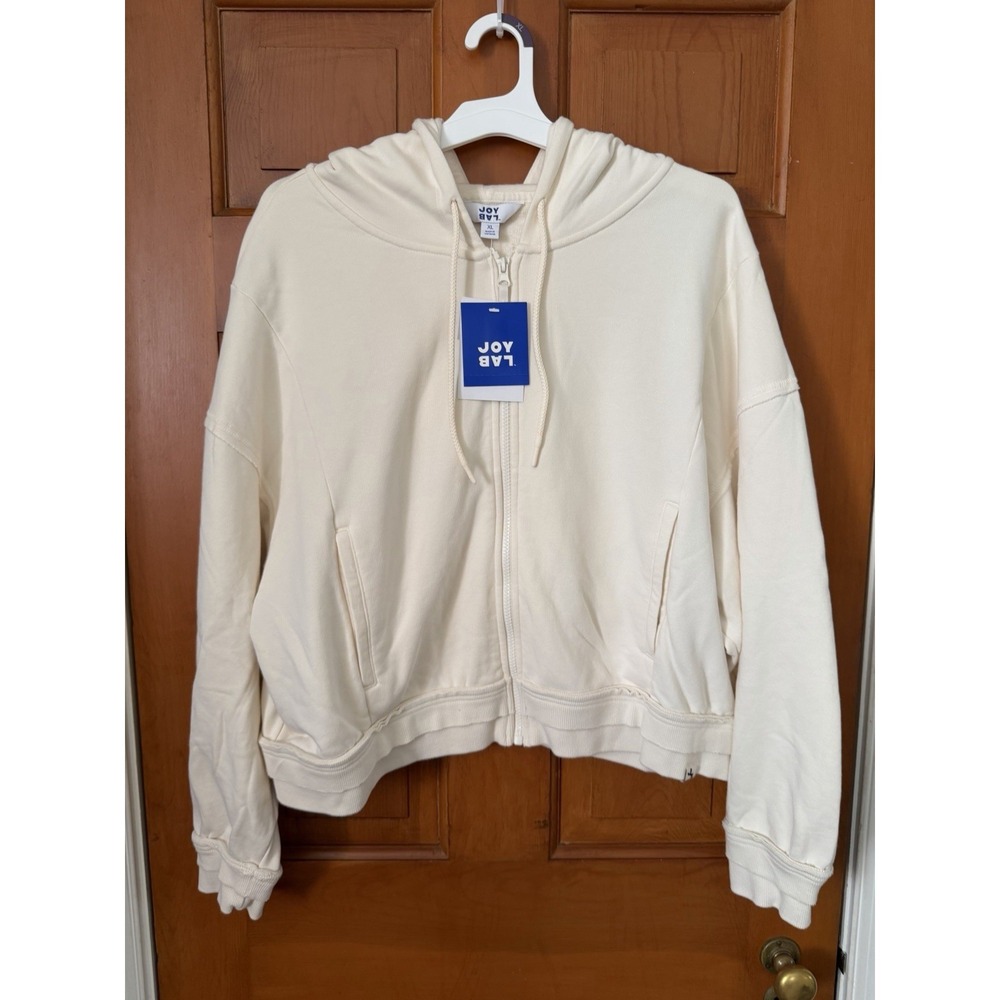 Women's JoyLab Cream Cropped Fit Hooded Sweatshirt Size XL NWT Full Zip